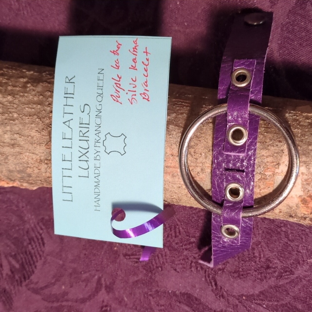 Handmade Genuine Leather Karma Circle Bracelet Purple Silver Gunmetal 6"